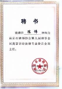 南京市律师协会第九届理事会民商事诉讼法律专业委员会副主任