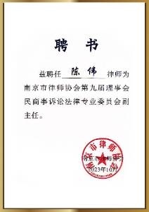 南京市律师协会第九届理事会民商事诉讼法律专业委员会副主任